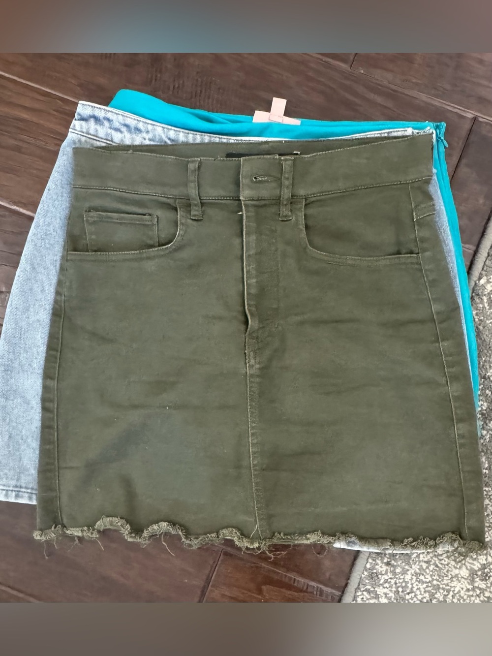 Express Olive Green Denim Mini Skirt with Frayed Hem Detail